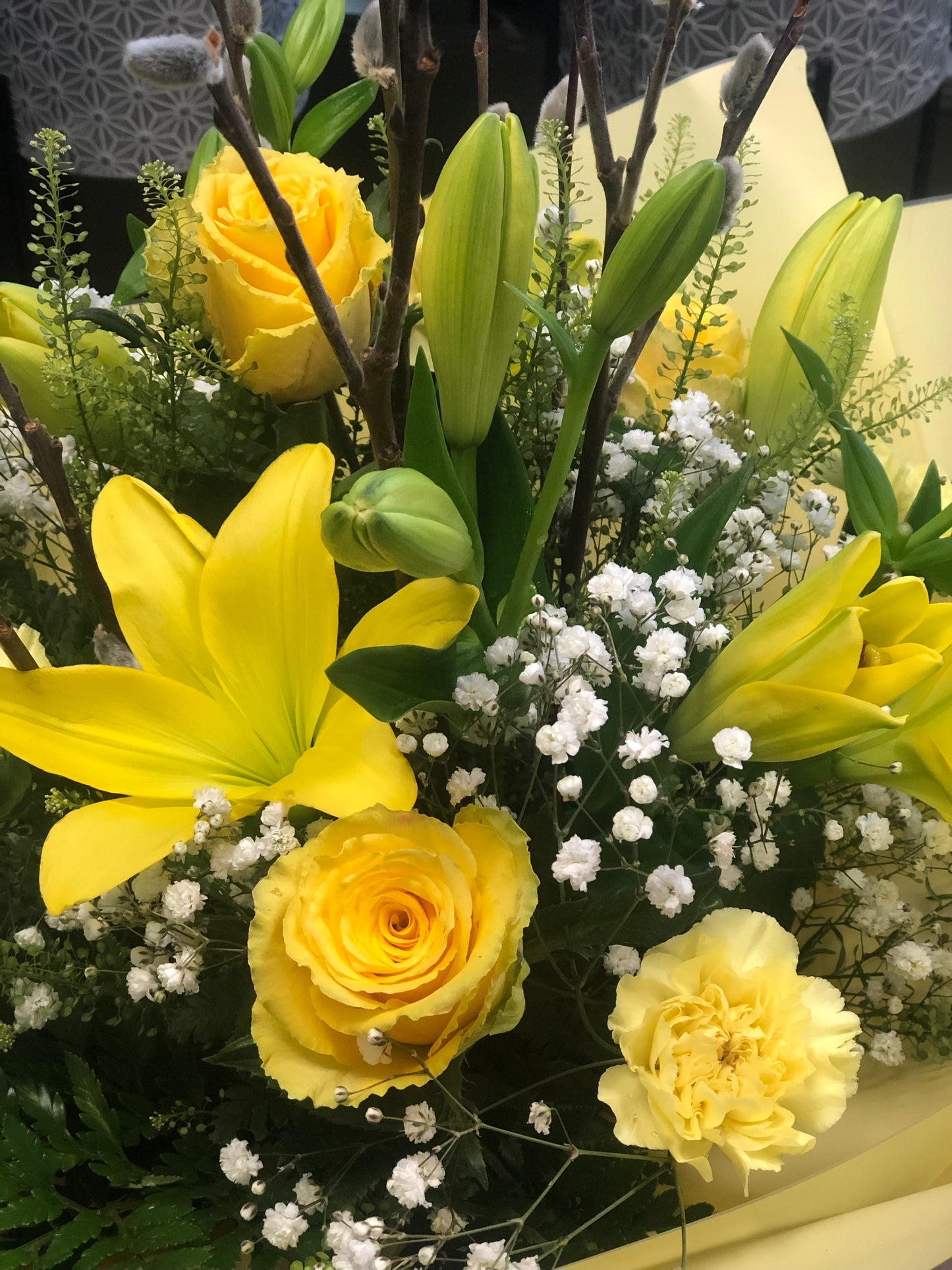Bright Bouquet with beautiful Yellow Lilies and Yellow Roses
