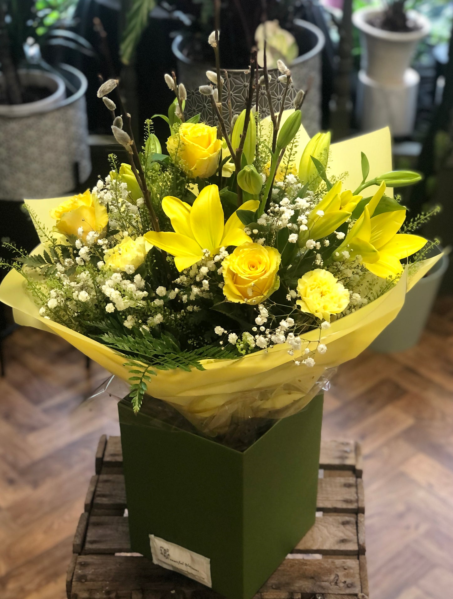 Bright Bouquet with beautiful Yellow Lilies and Yellow Roses