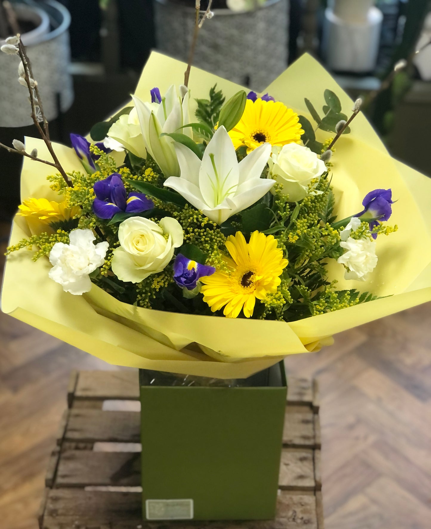 Magnificent white lilies, Rose and Iris bouquet