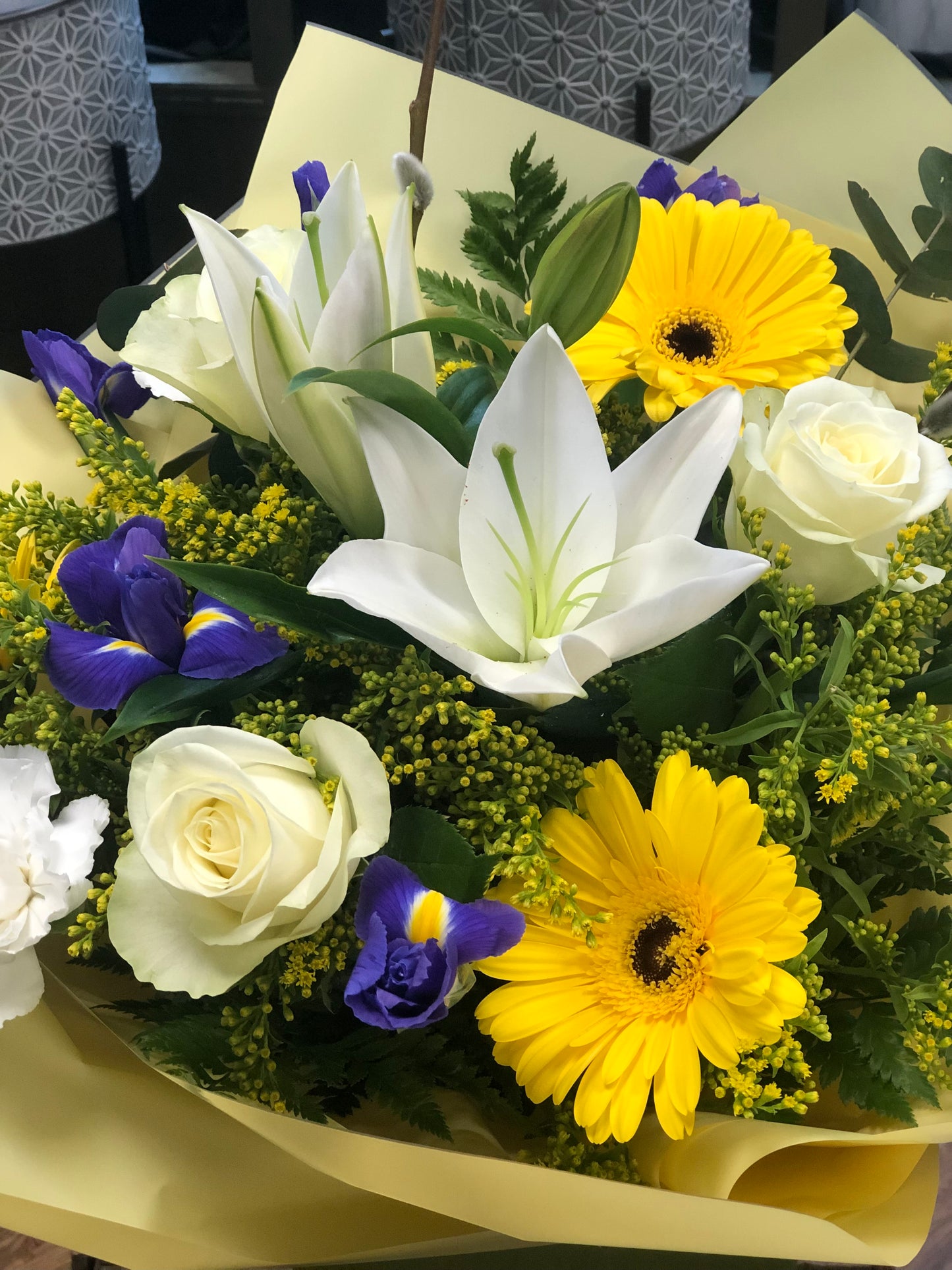 Magnificent white lilies, Rose and Iris bouquet