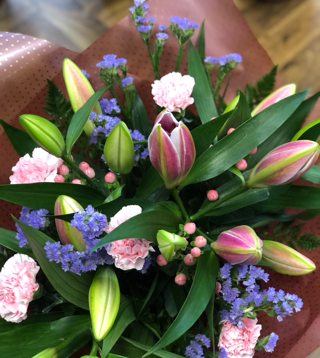 Pink lilies, Lilac and Carnation bouquet